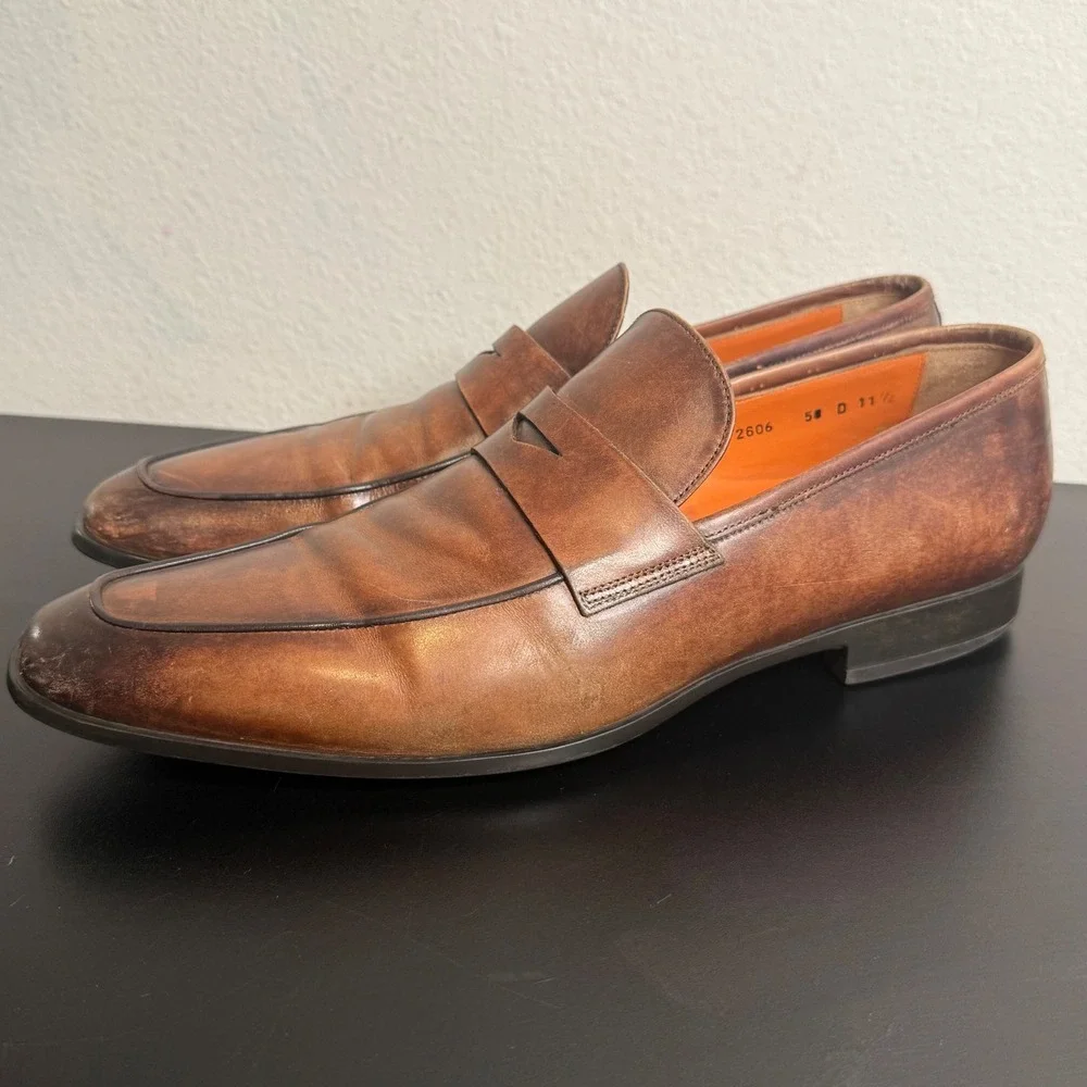 Santoni Penny Loafer Mens 11.5 Brown Leather Burnished Apron Toe Made in Italy